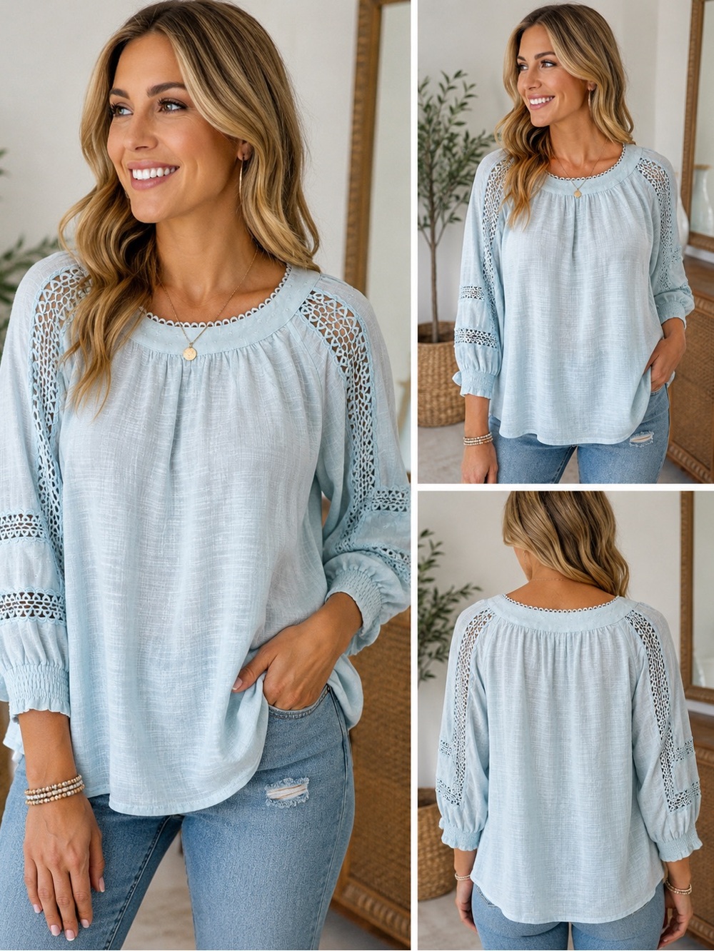 Skies Are Blue M Light Blue Crochet Lace Boho Peasant Blouse Top